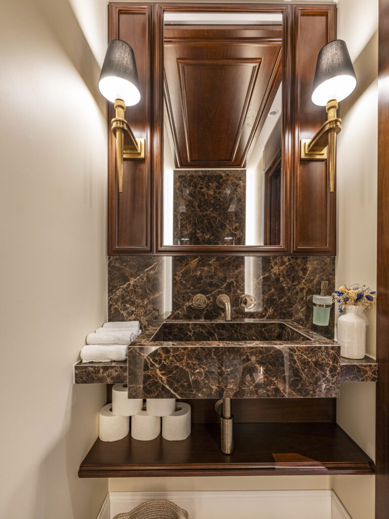 Bespoke restaurant furniture Custom marble and wood bathroom vanity created for the Maison de Bacon project