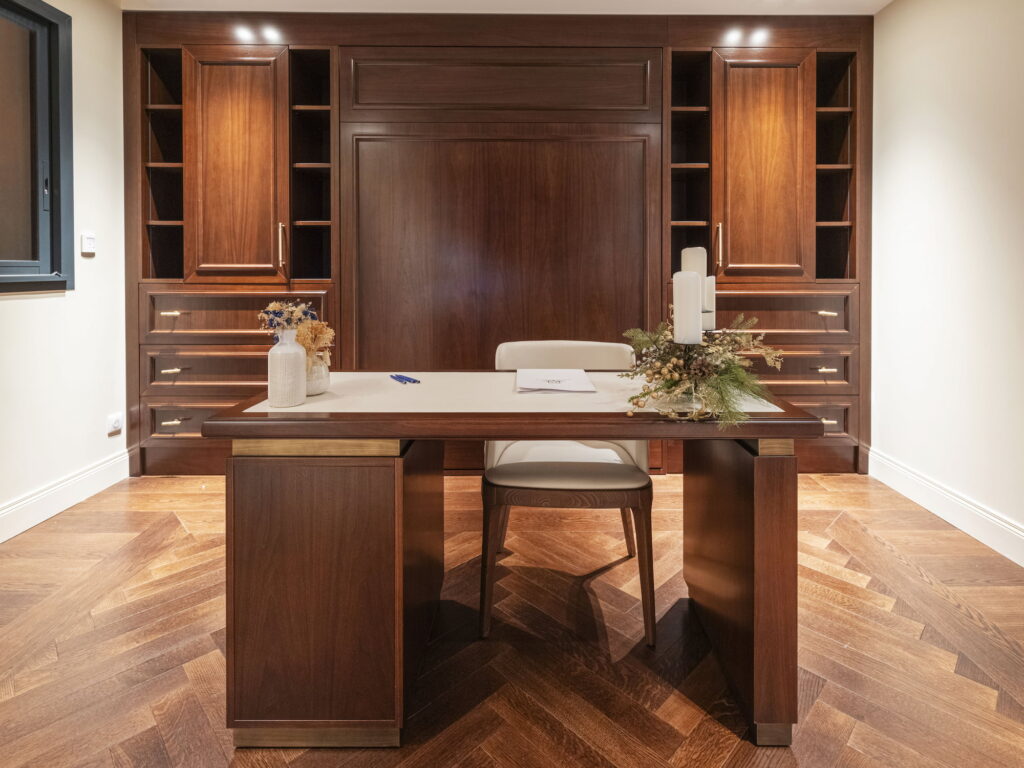 Bespoke restaurant furniture wooden study designed and crafted for the Maison de Bacon project